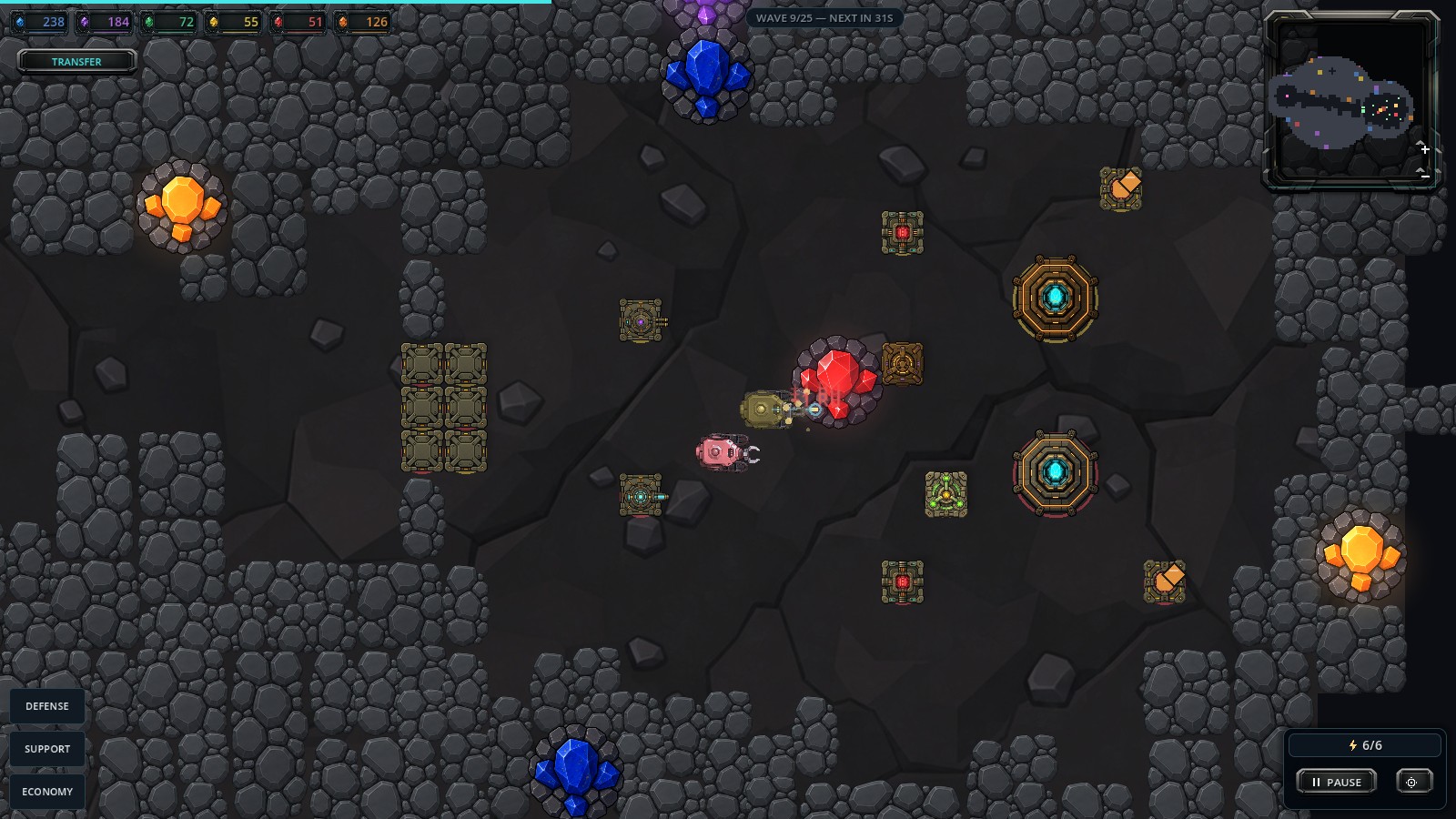Two mining rigs working a ruby seam behind hive-facing defenses.